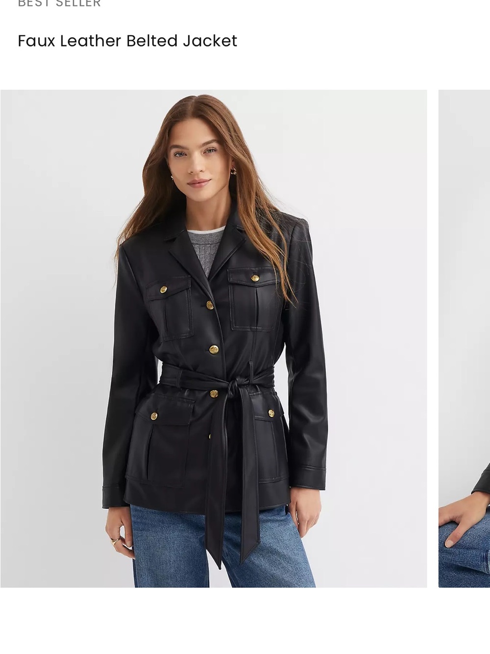 LOFT Black Faux Leather Belted Jacket with Gold Hardware